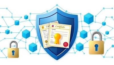 An artistic representation of interconnected blockchain blocks forming a shield around professional certificates and degrees, symbolizing the secure and transparent verification process of BlockCred Verification, with digital locks and keys illustrating data security and authenticity.