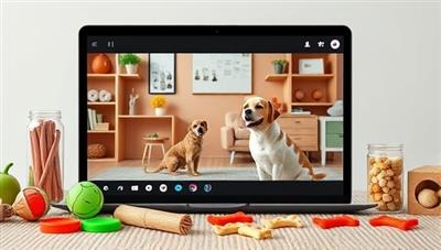 An online pet training class setup with a variety of pet toys, treats, and a virtual pet trainer demonstrating obedience techniques and behavior tips with a furry companion, creating a fun and interactive learning environment for pet owners and their pets.