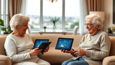 An elegant and serene retirement setting with seniors engaging with tablets displaying the RetireEase AI platform, surrounded by symbols of financial security, travel plans, and leisure activities, conveying peace of mind and confidence in retirement planning through advanced technology.