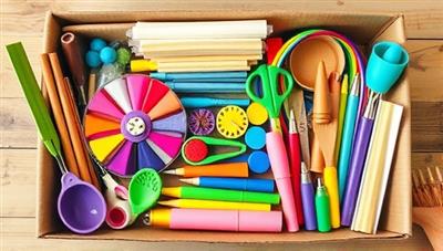 An array of colorful and eco-friendly crafting materials and tools neatly arranged in a crafting kit box, showcasing the vibrant and sustainable nature of EcoCraft Kits' DIY crafting projects.