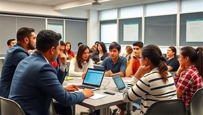 An educational setting with a diverse group of students engaged in a telecommunication skills workshop led by instructors from CommSkill Academy, illustrating the interactive and dynamic learning environment focused on enhancing communication competencies for professional growth.
