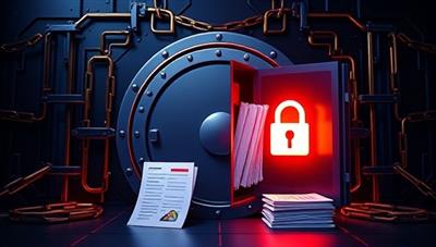 A digital vault with blockchain chains surrounding it, symbolizing security and encryption, alongside documents being securely stored and accessed, illustrating the trust and reliability of BlockSafeDocs.