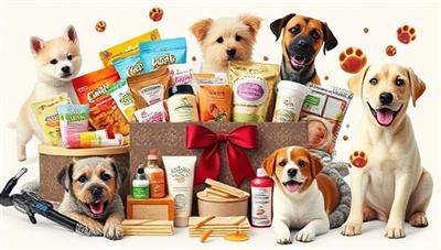 An adorable collage featuring a variety of pet items like toys, treats, grooming products, and accessories arranged in a beautifully decorated pet box, surrounded by playful pets enjoying the surprises, conveying joy, pampering, and love for furry companions.