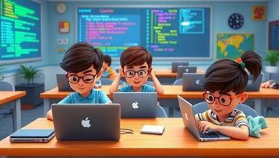 A digital classroom scene with animated characters representing young students engaging in coding activities on laptops and tablets, surrounded by colorful code snippets and tech-themed decorations, creating a vibrant and immersive coding learning environment for kids.