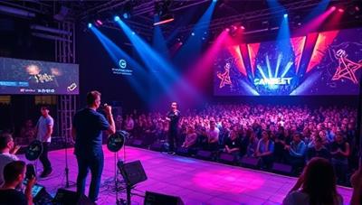 An immersive virtual concert scene featuring a video game composer performing live music on a digital stage filled with dynamic visual effects, interactive elements, and a virtual audience of players and music fans, capturing the energy and excitement of a GameBeat Live music event.