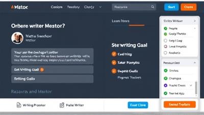 An engaging platform interface showing a writer receiving feedback from a mentor, setting writing goals, and accessing resources like writing prompts and progress trackers, illustrating the personalized and supportive nature of the coaching platform.