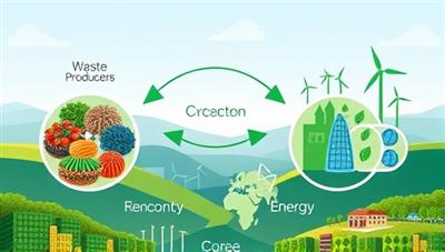 An innovative marketplace interface showcasing a seamless exchange process between waste producers and energy converters, with visual representations of waste materials transforming into renewable energy sources, symbolizing the circular economy model and environmental stewardship, set against a backdrop of green landscapes and clean energy icons.