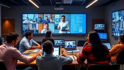 A virtual classroom scene featuring diverse participants engaged in collaborative projects, with digital tools and resources visible on screens, mentor figures providing guidance, and a dynamic and interactive learning environment, showcasing the immersive experience of SkillForge Virtual bootcamps.