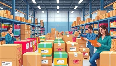 An artistic depiction of a fulfillment center with workers customizing packaging with unique designs and branding elements, surrounded by colorful shipping boxes and happy customers opening personalized packages, illustrating the concept of bespoke fulfillment services and tailored customer experiences.