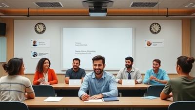 A virtual classroom setting with diverse avatars representing different nationalities engaged in lively language discussions, creating a dynamic and inclusive learning environment.