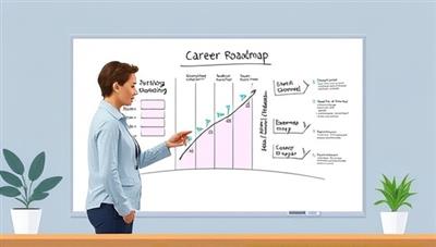 A virtual career coaching session depicted through a digital illustration of a professional mentor guiding a client through a career roadmap on a virtual whiteboard, symbolizing strategic planning, empowerment, and career progression in a digital setting.