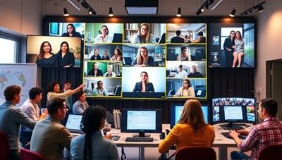 An inspiring visual representation of a virtual career development bootcamp with participants engaged in group activities, networking sessions, and skill-building workshops, highlighting the dynamic and empowering environment fostered by CareerForge Labs.