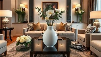 An elegant living room setting showcasing a personalized 3D printed vase as a centerpiece, surrounded by matching custom decor items, evoking a sense of individuality and style.