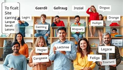 A split-screen image showing a diverse group of people engaging in virtual language lessons, with text bubbles in different languages floating around, symbolizing global communication and learning.