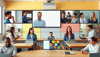 A vibrant virtual classroom setting with diverse avatars engaging in language exchange conversations via video chat, showcasing a dynamic and interactive learning environment.