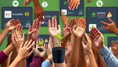 An artistic representation of diverse hands reaching out to plant tiny seeds in small pots symbolizing micro-investments, with a backdrop of innovative project logos and digital screens displaying investment progress, promoting community and growth.