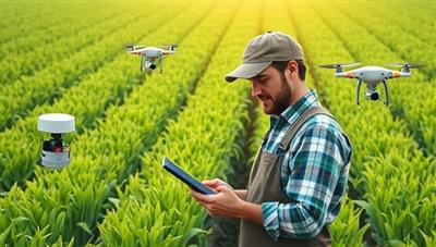 An illustration of a farmer using a tablet in a lush green field, surrounded by sensors and drones, highlighting the integration of technology in agriculture for improved efficiency and sustainability.
