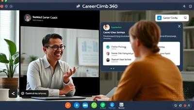 A virtual mentorship session interface featuring a seasoned career coach providing guidance to a user, with career development resources and skill-building modules displayed in the background, illustrating the personalized and supportive mentorship experience offered by CareerClimb360.