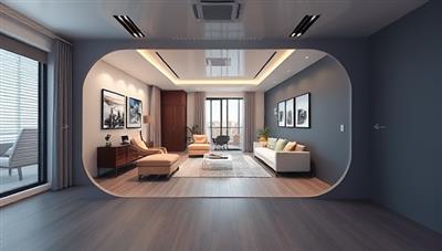 An interactive 3D virtual tour interface displaying a modern and stylish apartment interior, allowing users to navigate through rooms, zoom in on details, and experience the property layout and design from different perspectives, creating a captivating and realistic virtual viewing experience.