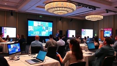 A virtual event setup with a professional event planner coordinating a virtual conference, featuring interactive engagement tools, virtual booths, and seamless attendee interactions, highlighting the comprehensive virtual event planning services offered by EventSphere Virtual.