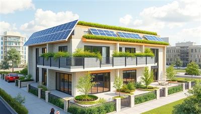 An architectural rendering of a sustainable building design featuring solar panels, green roofs, water-efficient landscaping, and natural lighting, illustrating the eco-friendly and modern approach advocated by EcoBuild Advisors in sustainable real estate development.
