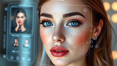 A futuristic digital interface displaying a virtual makeup try-on tool with realistic beauty filters and customization options, overlaid on a user's selfie, illustrating the seamless integration of technology and beauty enhancement provided by BeautyTech Innovations.