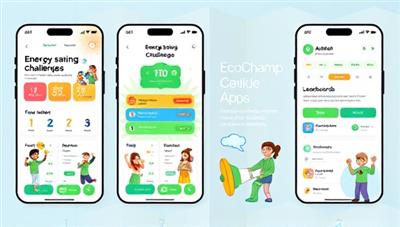An engaging app interface design showcasing energy-saving challenges, progress trackers, and leaderboards, with diverse avatars participating in eco-friendly tasks, earning points, and celebrating achievements together, conveying the fun and impactful nature of the EcoChamp Challenge app.