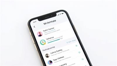 A smartphone displaying the WriteMate app interface, with progress bars, motivational quotes, and a vibrant online community chat, showcasing the app's features and user engagement.