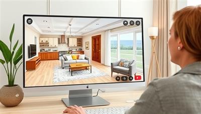 An inviting virtual living room design displayed on a computer screen, with a virtual interior designer discussing color schemes and furniture placement with a client over a video call, highlighting the convenience and creativity of InterioVision's services.