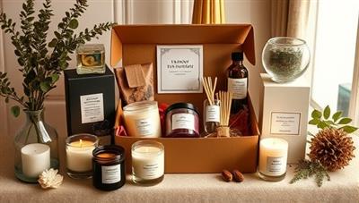 An elegant and inviting subscription box display featuring a variety of artisanal candles, diffusers, and natural scent samples arranged in a luxurious packaging, surrounded by botanical elements, mood-setting decor, and cozy ambience, evoking a sensory journey of home fragrance indulgence.