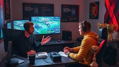 An eSports training session depicted with a coach analyzing gameplay footage, providing feedback to a dedicated player, surrounded by gaming setups, strategy guides, and championship trophies, illustrating the professional and focused environment of eSports training and coaching sessions, designed to elevate gaming skills and competitive performance.