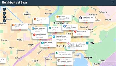 An animated map interface displaying real-time updates and notifications for various neighborhoods, with vibrant colors and engaging visuals highlighting the dynamic and interactive nature of Neighborhood Buzz.