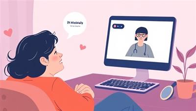 An emotional illustration of a person having a virtual therapy session on the MindWell Connect platform, with a therapist providing support and guidance through a video call, conveying empathy and mental health support in a digital setting.
