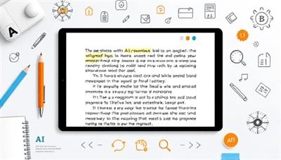 An interactive editing interface displaying a text document with AI-generated grammar suggestions, highlighted errors, and improvement recommendations, surrounded by digital writing tools and language icons, symbolizing precision and efficiency in writing enhancement with GrammarGenius AI.