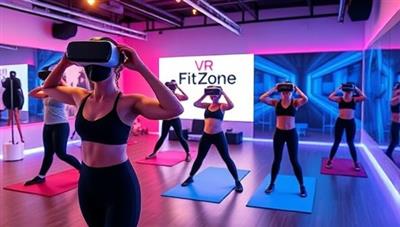 A virtual fitness studio environment with users wearing VR headsets, engaging in dynamic workout routines and yoga poses in a digitally simulated world, creating an immersive and motivating fitness experience at VR FitZone.