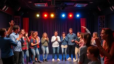 An energetic comedy improv theater stage with performers engaging in playful and witty interactions, eliciting laughter and applause from a delighted audience, with colorful stage lighting, comedic props, and a lively atmosphere that radiates humor and entertainment.