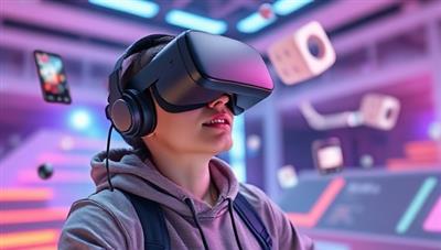 An exciting visual of a user wearing a VR headset, exploring a digital representation of a website in a futuristic virtual environment, with elements floating around showcasing different website features and interactions.
