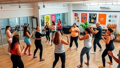 A bustling office gym with employees participating in a group fitness class, led by a wellness instructor, surrounded by motivational posters and healthy snacks, promoting a vibrant and active workplace culture.