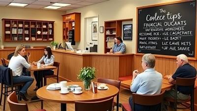 A welcoming cafe setting with patrons enjoying coffee and pastries while engaging in financial discussions with advisors, cozy seating areas for workshops, and a chalkboard displaying financial tips and quotes, fostering a warm and educational atmosphere for all visitors.
