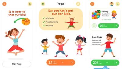 An energetic and colorful app interface featuring animated characters engaging in various fitness activities like yoga, dancing, and sports, with motivational messages and progress trackers to encourage kids to stay active and healthy.