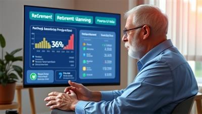 An artistic depiction of an individual engaging in a virtual retirement planning consultation, with retirement savings projections and investment advice displayed on the digital screen, symbolizing financial security and peace of mind in retirement planning.