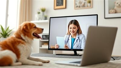 An endearing virtual consultation scene featuring a pet expert providing advice and tips to a pet owner via video call, with a playful pet companion in the background, creating a warm and supportive atmosphere within the PawsCare Virtual consultancy service.
