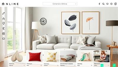 An online catalog display featuring a selection of chic and modern home decor items, including cushions, vases, and wall art, styled in a contemporary living room setting, creating a visually appealing and aspirational ambiance that reflects the curated offerings of InteriorsOnline.