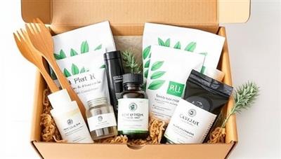 An aesthetically pleasing subscription box filled with eco-friendly products like bamboo utensils, organic skincare samples, reusable shopping bags, and plant-based cleaning supplies, evoking a sense of sustainability and lifestyle enhancement.