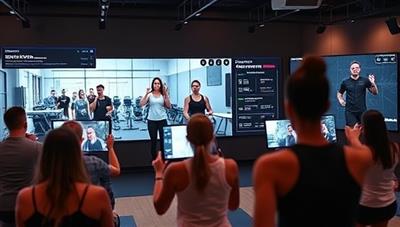 An energizing image of a virtual fitness class in progress, with participants following along on their screens, a motivational trainer leading the session, and digital workout metrics displayed, showcasing the dynamic and interactive nature of FitStream's platform.