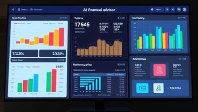 An AI financial advisor interface displaying interactive charts, investment recommendations, and retirement planning simulations, with a user engaging in a virtual financial consultation, symbolizing the seamless and insightful financial guidance provided by FinGenius.
