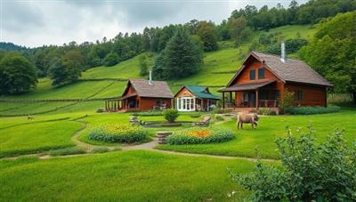 A serene and picturesque farm retreat setting with lush green landscapes, cozy eco-friendly accommodations, and guests engaging in farm activities like harvesting produce, tending to animals, and learning sustainable farming techniques, capturing the essence of eco-harmony and rural immersion in nature.