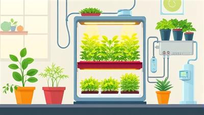 An illustrative depiction of a sustainable urban farming setup, featuring a compact vertical farming system with LED grow lights, hydroponic planters, and smart sensors, showcasing the efficient use of space and resources for indoor cultivation, promoting sustainability and fresh food production.