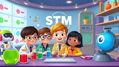 An animated scene featuring a group of young children exploring a virtual science lab filled with colorful beakers, robots, and interactive experiments, with a friendly animated mascot guiding them through hands-on STEM activities, fostering a love for learning and discovery in a playful environment.