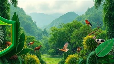 An artistic depiction of a lush green landscape with diverse flora and fauna, overlaid with insurance icons like a shield and a leaf, symbolizing the fusion of protection and environmental conservation offered by GreenGuardian.